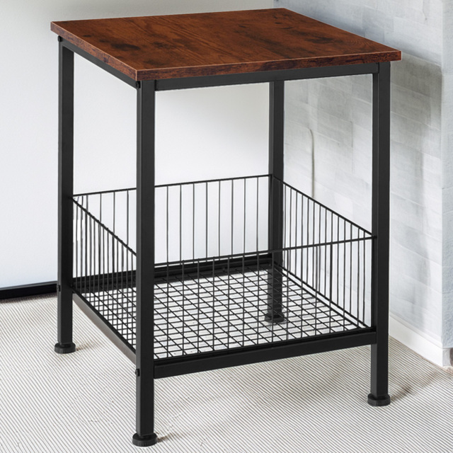 tectake Grimsby Dark Wood Bedside Table with Mesh Basket - image 1