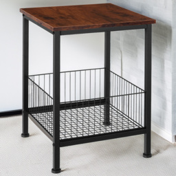 tectake Grimsby Dark Wood Bedside Table with Mesh Basket - thumbnail 1