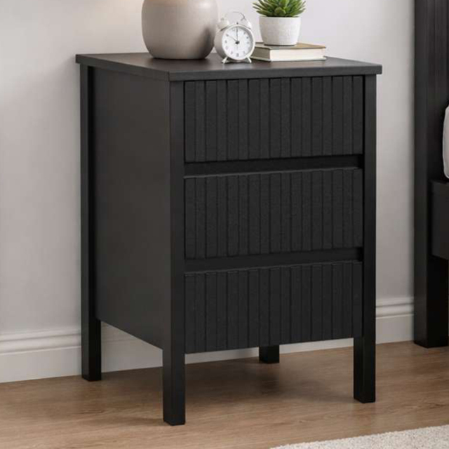Birlea Axis Black 3 Drawer Fluted Bedside Table - image 1