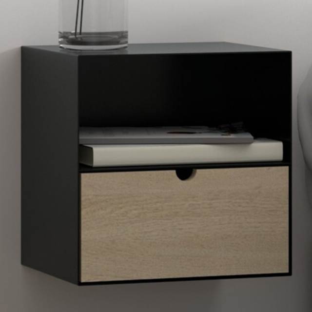 Florence Joliet Single Drawer Single Shelf Black and Bamboo Wall Mounted Bedside Table - image 1