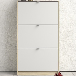 Florence Shoes 3 Flip Door Oak and White Double Layer Shoe Storage Cabinet
