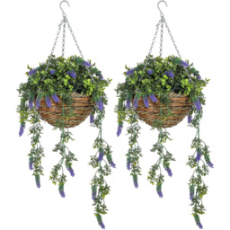 Portland Set of 2 Purple Lavender Artificial Flower in Hanging Wicker Basket - thumbnail 1