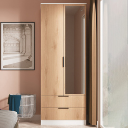 Crowndale Java Slatt Effect and White 2 Door 2 Drawer Tall Mirrored Wardrobe Ready Assembled - thumbnail 1