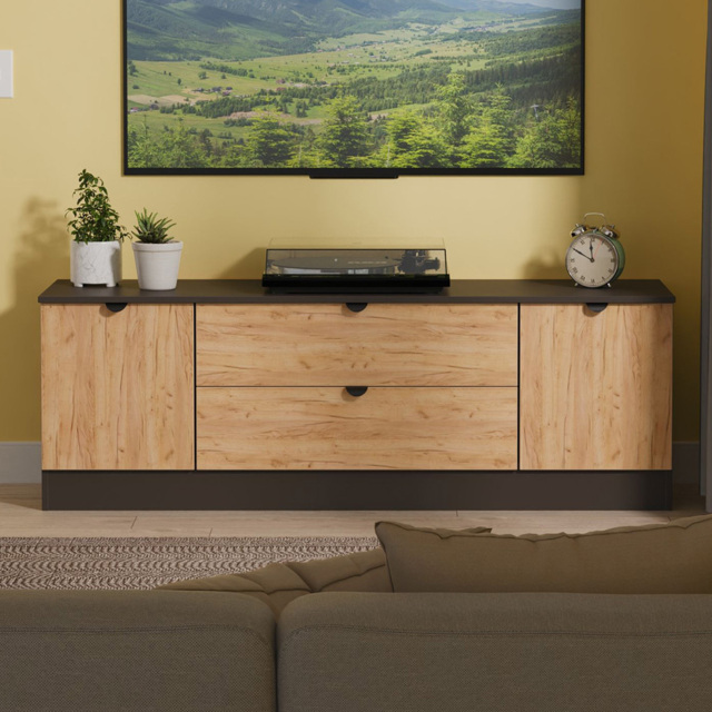 Crowndale Bora 2 Door 2 Drawer Gold Craft Oak and Graphite Wide TV Unit Ready Assembled - image 1