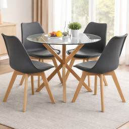 Portland Grey Plastic Glass Tabletop Round 4 Seater Dining Set