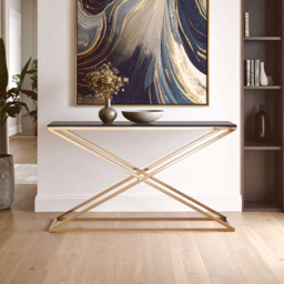Premier Housewares Montril Glass Top Console Table with Gold Criss Cross Base - thumbnail 3