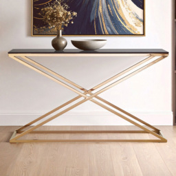 Premier Housewares Montril Glass Top Console Table with Gold Criss Cross Base