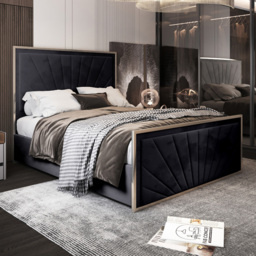 Roxy Small Double Black Soft Velvet Upholstered Metal Bed Frame with Chevron Headboard