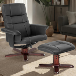 tectake Black Armchair with Adjustable Backrest and Stool