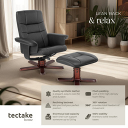 tectake Black Armchair with Adjustable Backrest and Stool - thumbnail 4
