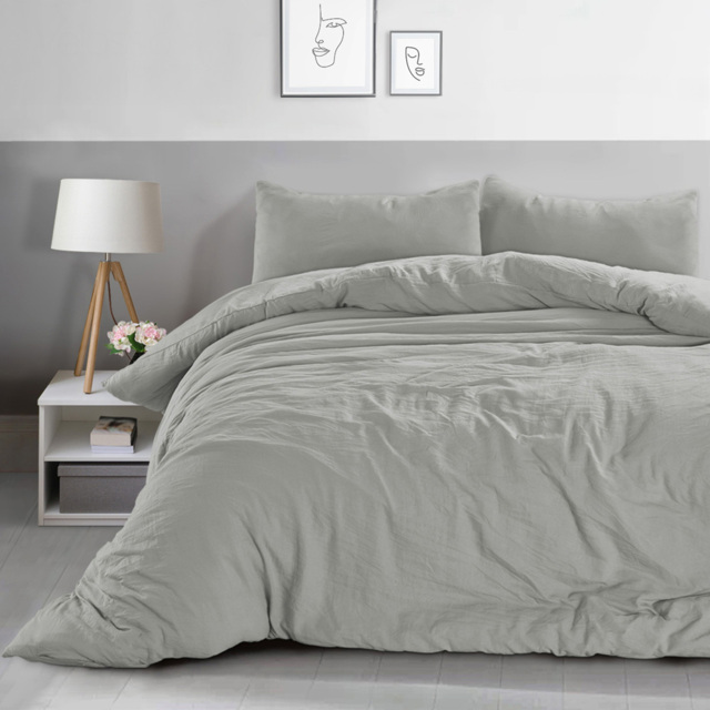 Velosso Washed Linen Look Silver Single Duvet and Pillowcase Set - image 1