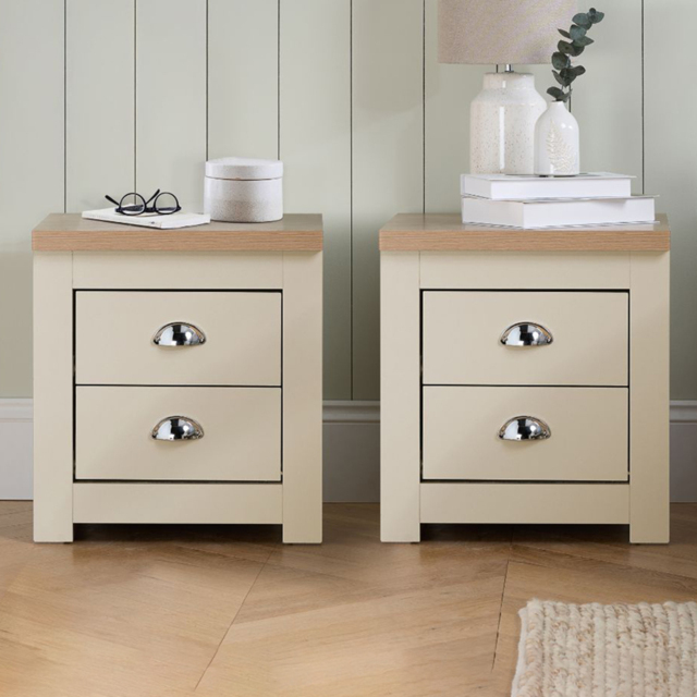 Birlea Highgate 2 Drawer Cream and Oak Effect Bedside Table Set of 2 - image 1