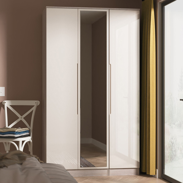 Crowndale Milan Kashmir Gloss and Grey Oak Tall Triple Wardrobe with Mirror Door Ready Assembled - image 1