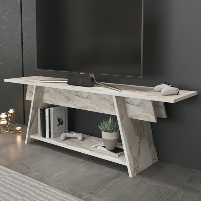 Decorotika Lanca White Marble Effect Single Shelf TV Unit - image 1
