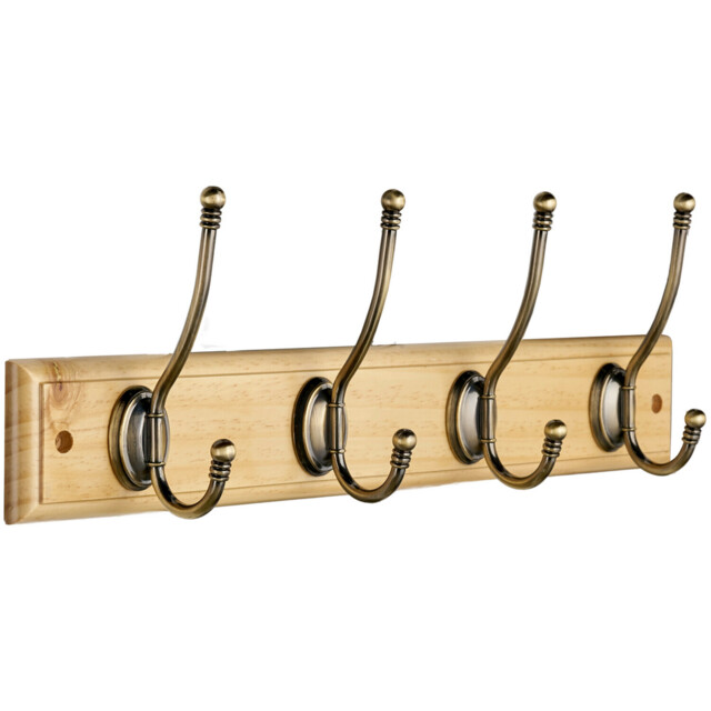 4 Antique Brass Ball End Hooks on Pine Antique White