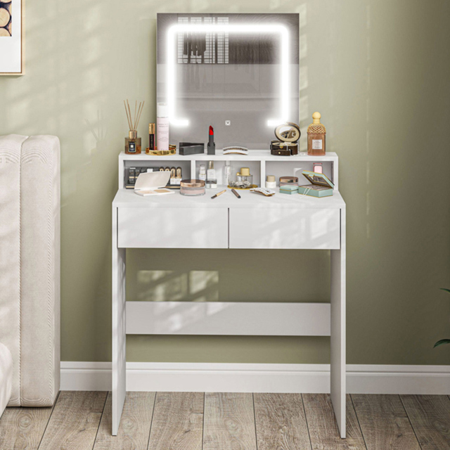 Portland White 2 Drawer 2 Shelf Dressing Table with LED Light Mirror - image 1