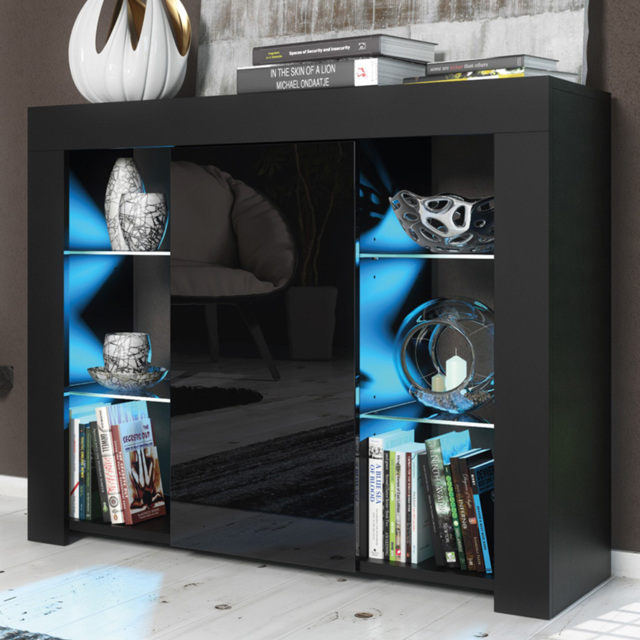 Creative Furniture Harbor Black and Black Gloss Single Door 6 Shelf Sideboard with LED - image 1