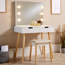 Home Source Hollywood White 2 Drawer Dressing Table Set with Lighted Mirror - thumbnail 1