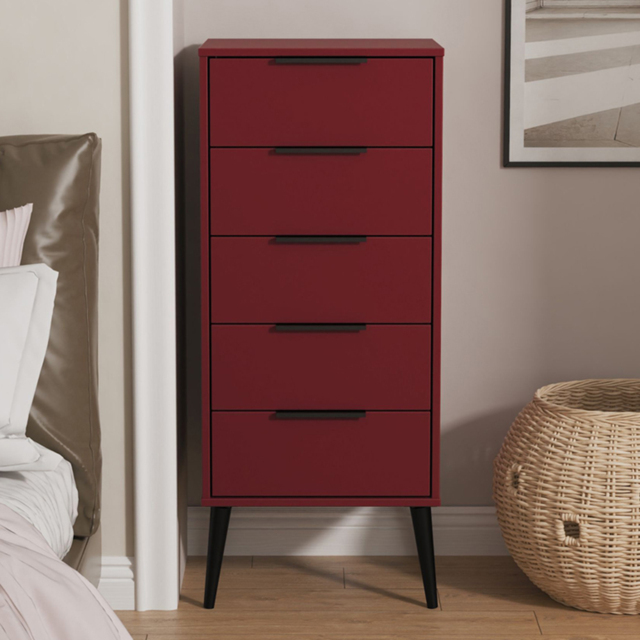 Crowndale Hong Kong 5 Drawer Matt Red Tall Bedside Cabinet Ready Assembled - image 1