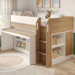 Flair Aiden White and Oak Single Kids Cabin Bed with Pull-Out Desk and Storage