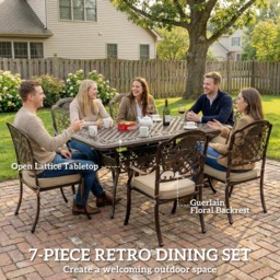 Outsunny 6 Seater Bronze Tone Retro Floral Lattice Outdoor Dining Set with Parasol Hole - thumbnail 4