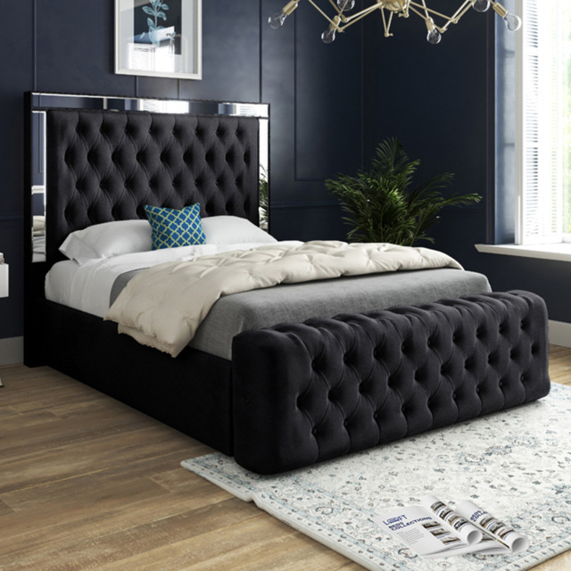 Marino Black Double Velvet Upholstered Bed Frame with Mirrored Headboard - image 1