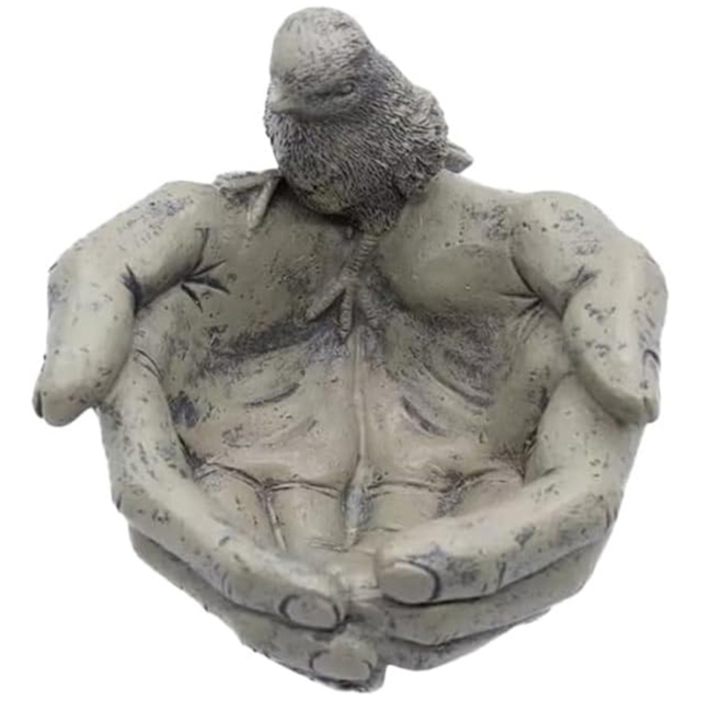 Marco Paul Stone Effect Resin Open Hands with Robin Bird Seed Feeder - image 1