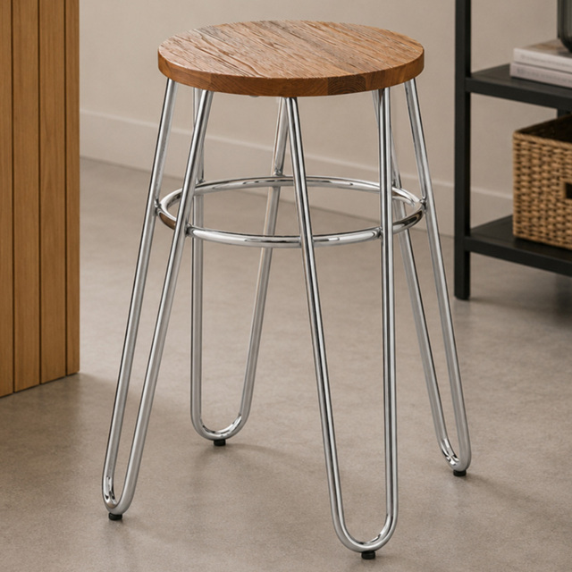 Premier Housewares District Wood Top Stool with Chrome Hairpin Legs - image 1