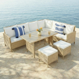 HGD Thalia Natural and White 8 Seater Rattan Garden Corner Dining Sofa Set with Glass Table