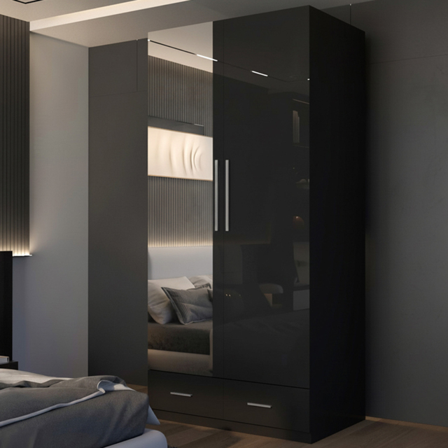 M N Furniture Glossera 2 Door 2 Drawer Black High Gloss Mirrored Wardrobe 90cm - image 1
