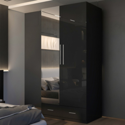M N Furniture Glossera 2 Door 2 Drawer Black High Gloss Mirrored Wardrobe 90cm
