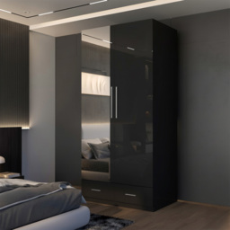 M N Furniture Glossera 2 Door 2 Drawer Black High Gloss Mirrored Wardrobe 90cm - thumbnail 4