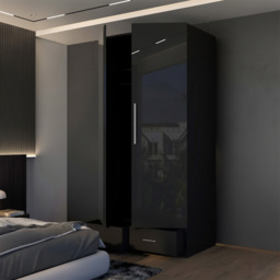 M N Furniture Glossera 2 Door 2 Drawer Black High Gloss Mirrored Wardrobe 90cm - thumbnail 3