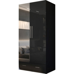 M N Furniture Glossera 2 Door 2 Drawer Black High Gloss Mirrored Wardrobe 90cm - thumbnail 2
