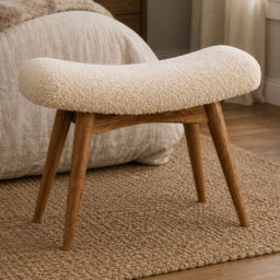 Artisan Furniture Cream Single Seater Boucle Solid Wood Curved Bench - thumbnail 1