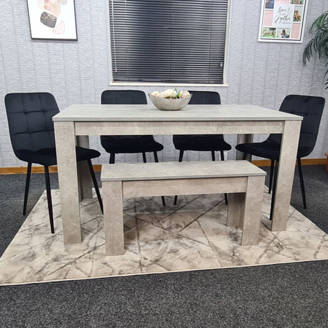 Portland Velvet 6 Seater Dining Set with Bench Stone Grey and Black - image 1