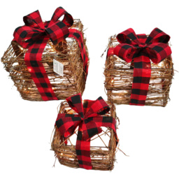 Shatchi Set of 3 Warm White LED Tartan Bow Rattan Parcels