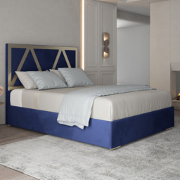 Alison Blue King Size Velvet Upholstered Metal Bed Frame with Panelled Headboard