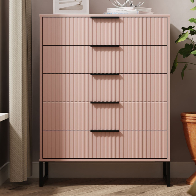 Crowndale Fluted 5 Drawer Kobe Pink Chest of Drawers Ready Assembled - image 1