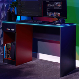X Rocker Carbon-Tek Grey and Red Single Drawer Single Shelf Gaming Desk with Neo Fibre LED Lights