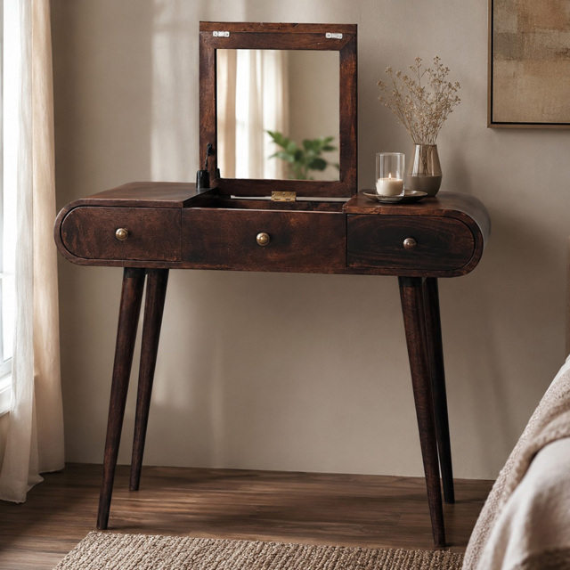 Artisan Furniture 3 Drawer Dark Brown Walnut Solid Wood Dressing Table with Foldable Mirror - image 1