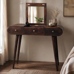 Artisan Furniture 3 Drawer Dark Brown Walnut Solid Wood Dressing Table with Foldable Mirror