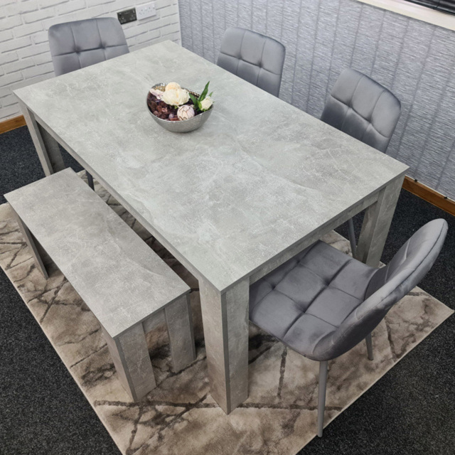 Portland Velvet 6 Seater Dining Set with Bench Stone Grey and Grey - image 1