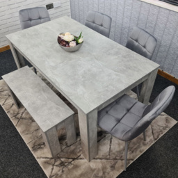 Portland Velvet 6 Seater Dining Set with Bench Stone Grey and Grey - thumbnail 1
