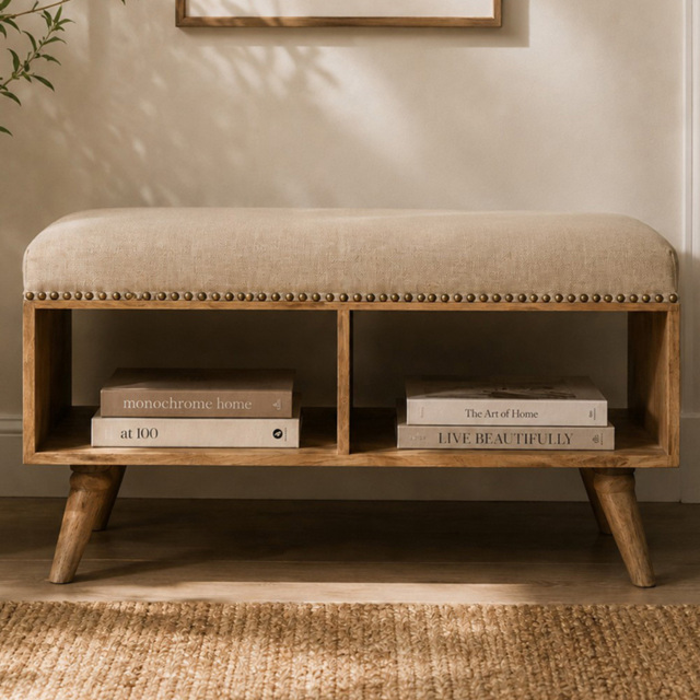Artisan Furniture Beige 2 Shelf Solid Wood Studded Linen Upholstered Open Bench - image 1