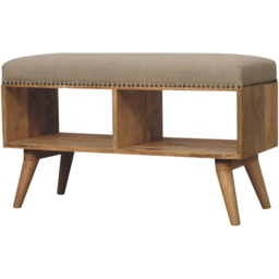Artisan Furniture Beige 2 Shelf Solid Wood Studded Linen Upholstered Open Bench - thumbnail 4