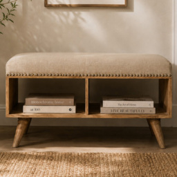 Artisan Furniture Beige 2 Shelf Solid Wood Studded Linen Upholstered Open Bench - thumbnail 1