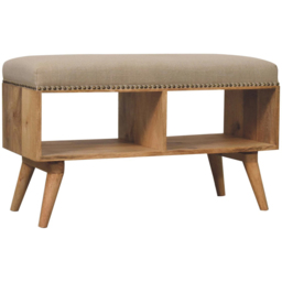 Artisan Furniture Beige 2 Shelf Solid Wood Studded Linen Upholstered Open Bench - thumbnail 3