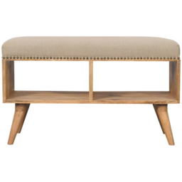 Artisan Furniture Beige 2 Shelf Solid Wood Studded Linen Upholstered Open Bench - thumbnail 2