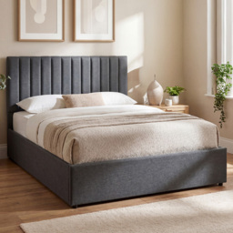 VIDA DESIGNS Vellaro Dark Grey Linen Fabric Double Ottoman Bed with Headboard